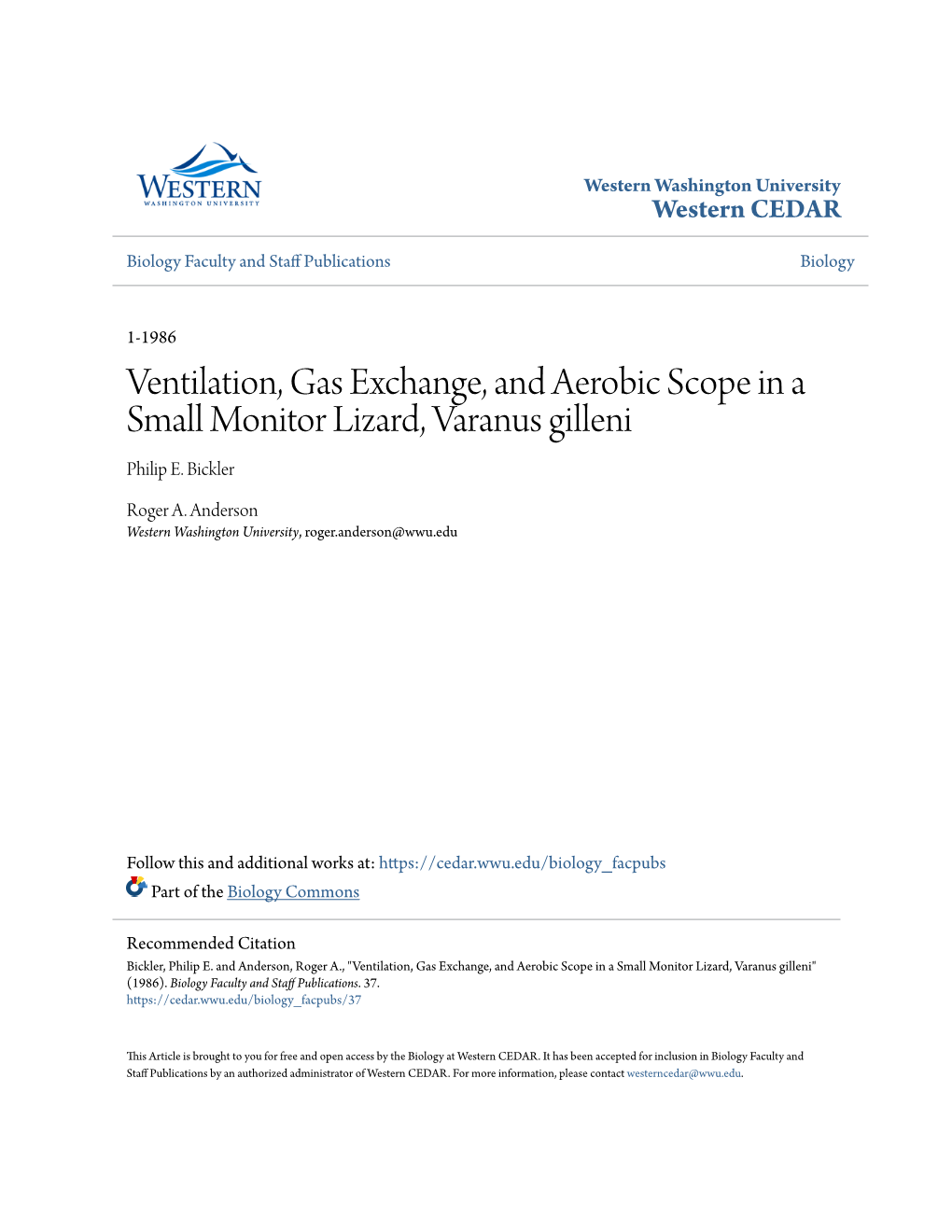 Ventilation, Gas Exchange, and Aerobic Scope in a Small Monitor Lizard, Varanus Gilleni Philip E