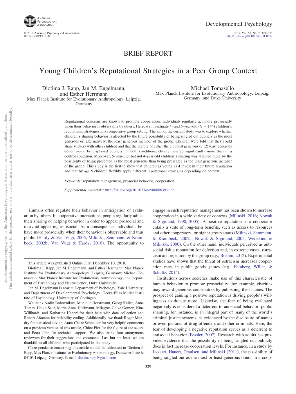 Young Children's Reputational Strategies in a Peer Group Context