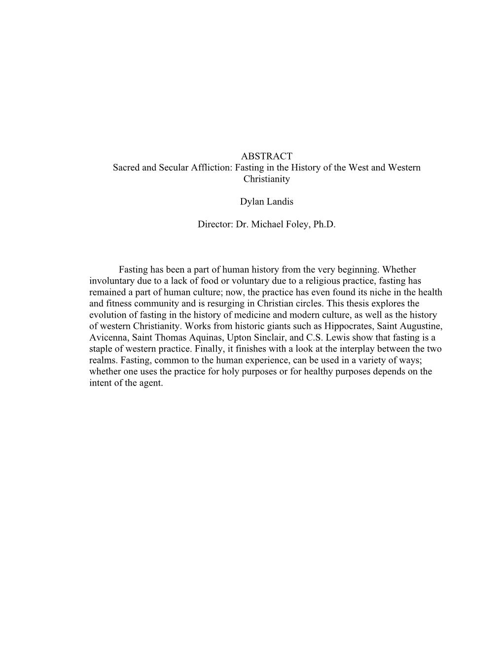 Fasting in the History of the West and Western Christianity Dylan Landis