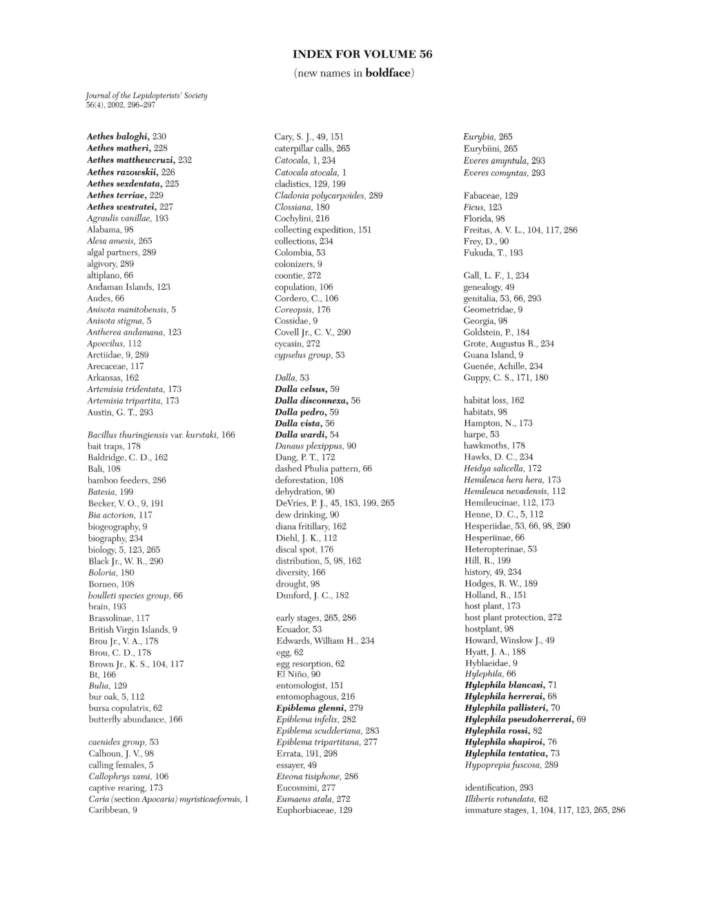 INDEX for VOLUME 56 (New Names in Boldface)