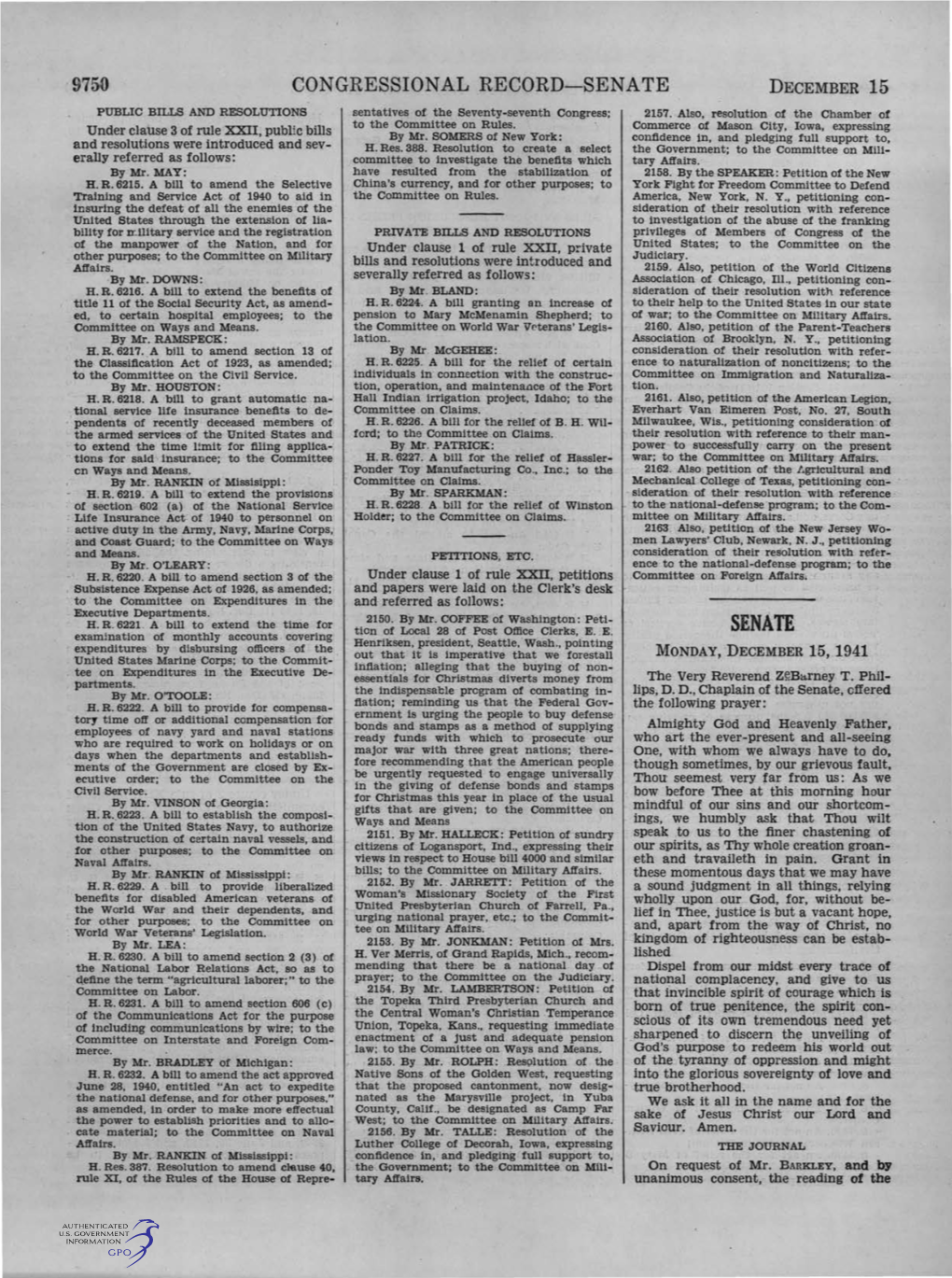 SENATE Decel\Iber 15 PUBLIC BILLS and RESOLUTIONS Sentatives of the Seventy-Seventh Congress; 2157