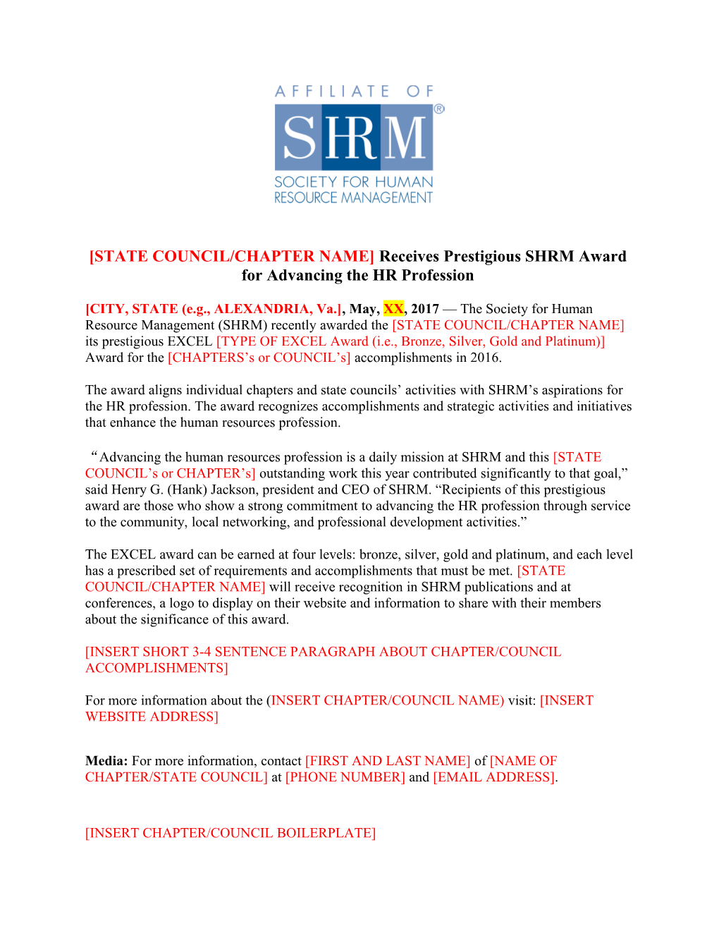 STATE COUNCIL/CHAPTER NAME Receives Prestigious SHRM Award