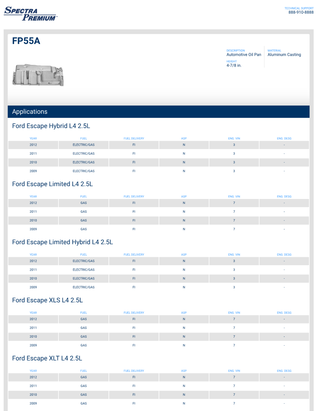 Applications Ford Escape Hybrid L4 2.5L Ford Escape Limited L4 2.5L