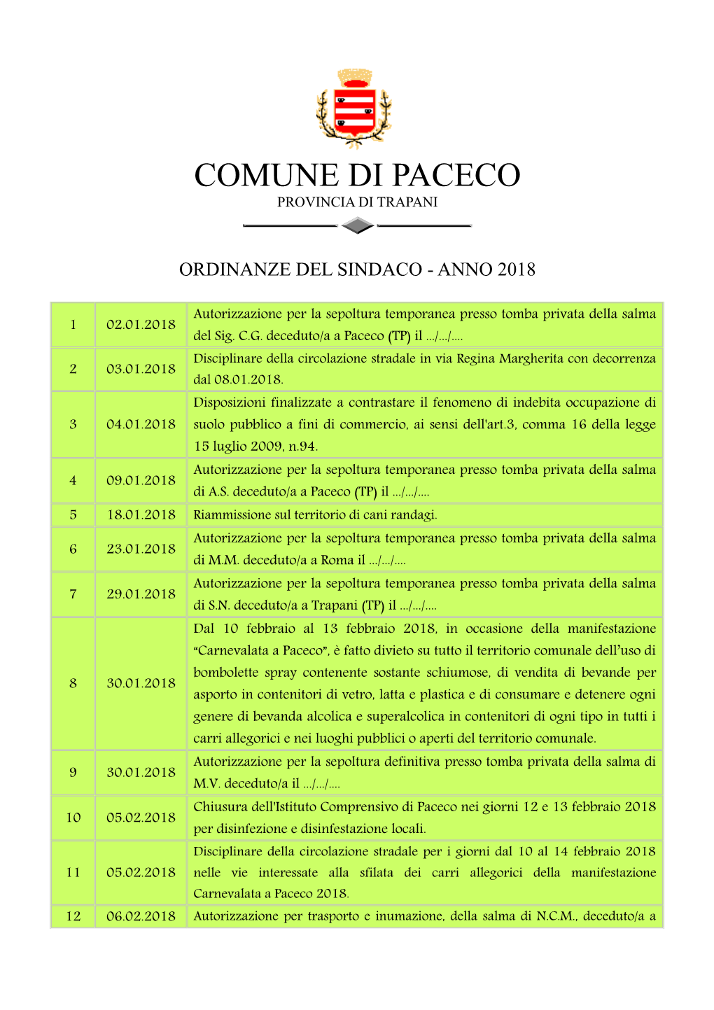 Comune Di Paceco Provincia Di Trapani