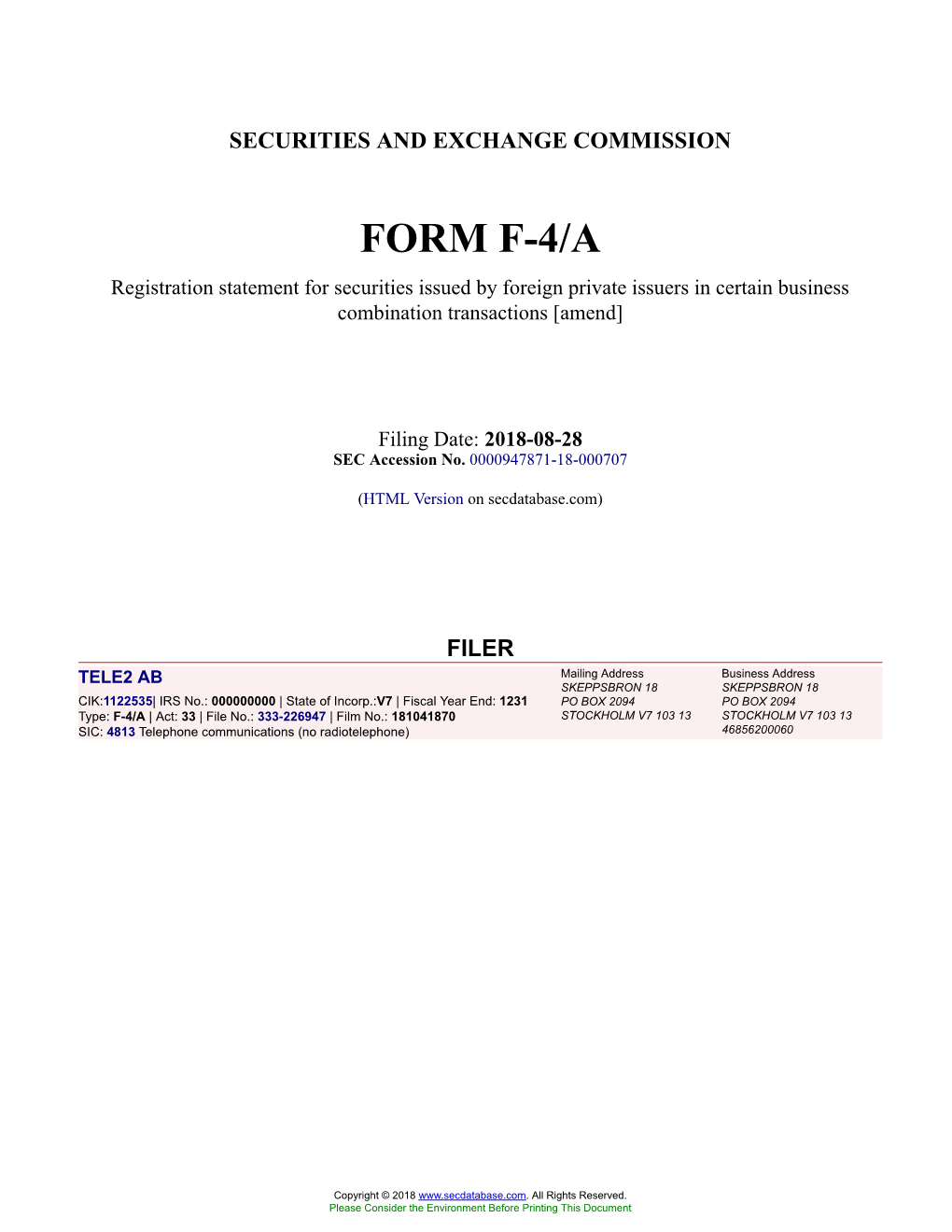 TELE2 AB Form F-4/A Filed 2018-08-28