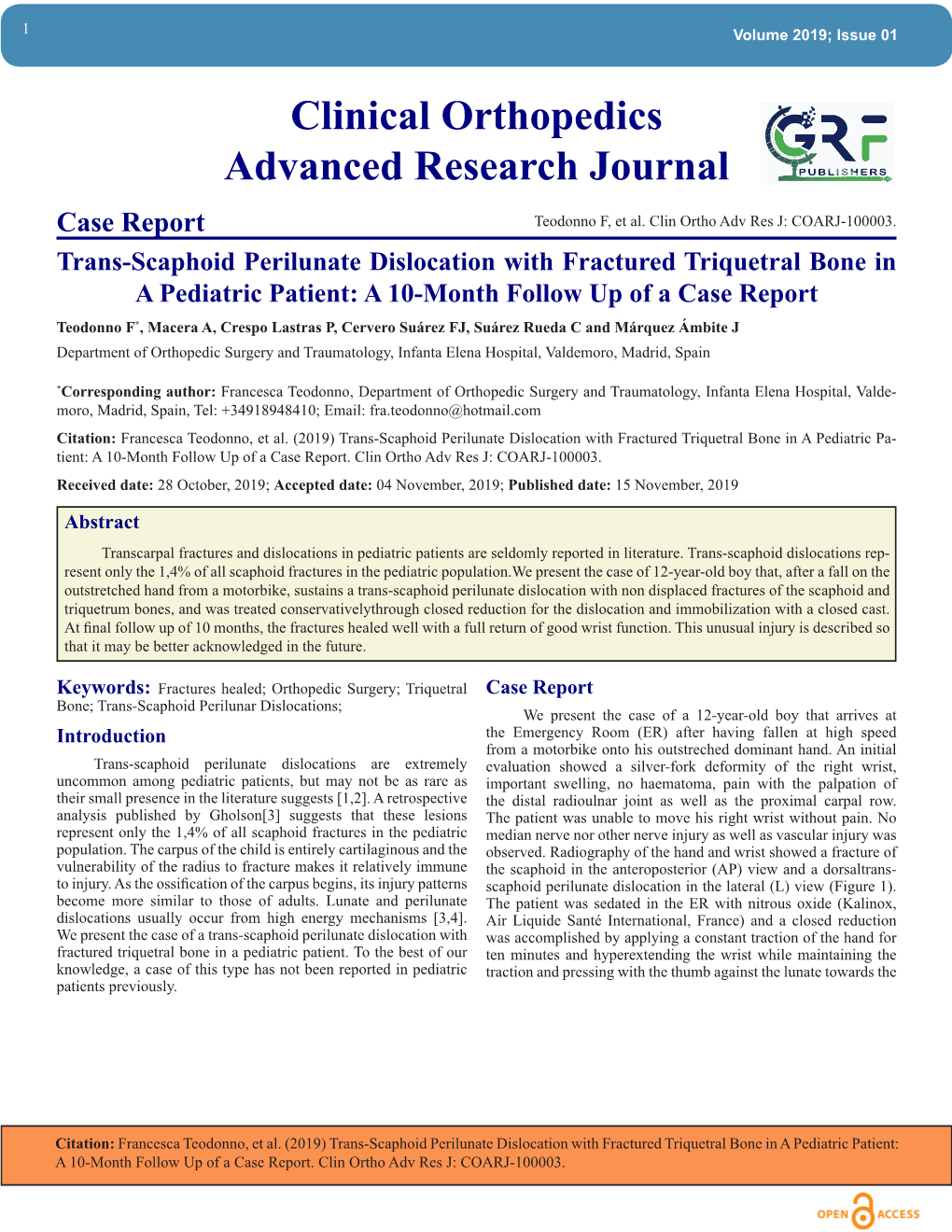 Clinical Orthopedics Advanced Research Journal Case Report Teodonno F, Et Al