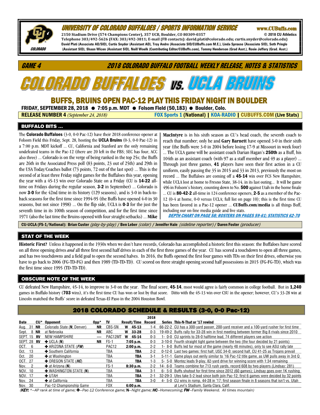 BUFFS, BRUINS OPEN PAC-12 PLAY THIS FRIDAY NIGHT in BOULDER FRIDAY, SEPTEMBER 28, 2018 7:05 P.M