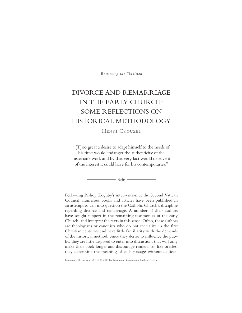 Divorce and Remarriage in the Early Church: Some Reflections on Historical Methodology