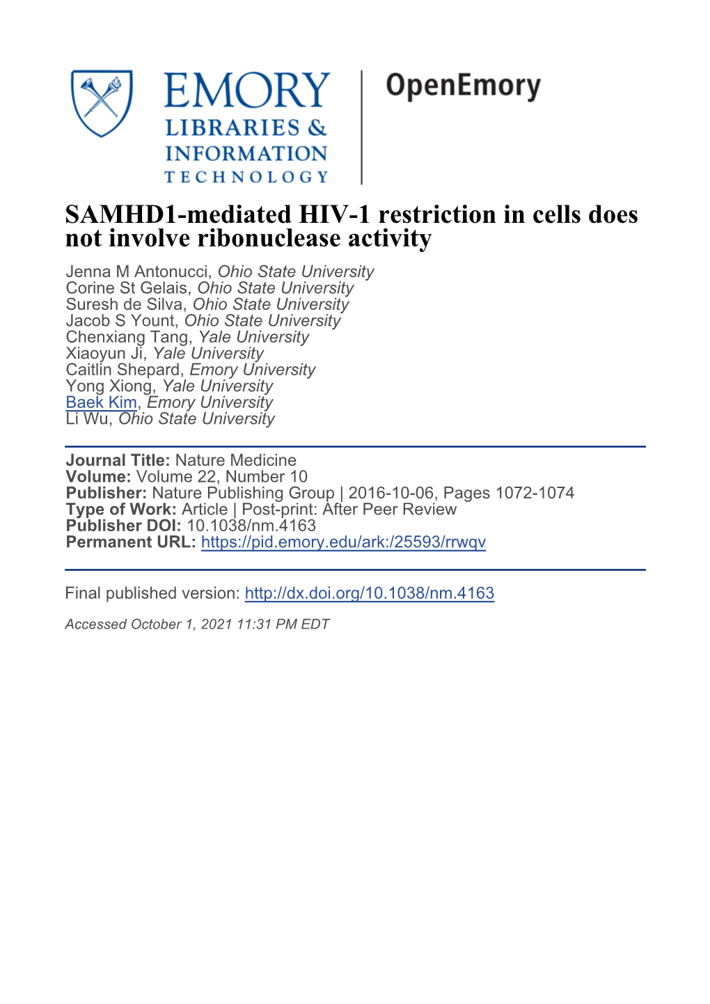 SAMHD1-Mediated HIV-1 Restriction in Cells Does Not