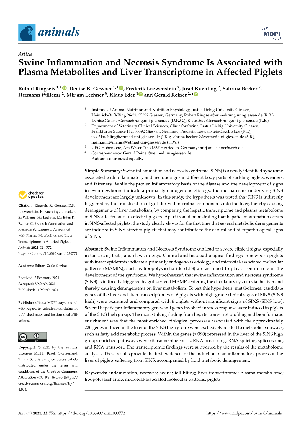 Swine Inflammation and Necrosis Syndrome Is Associated