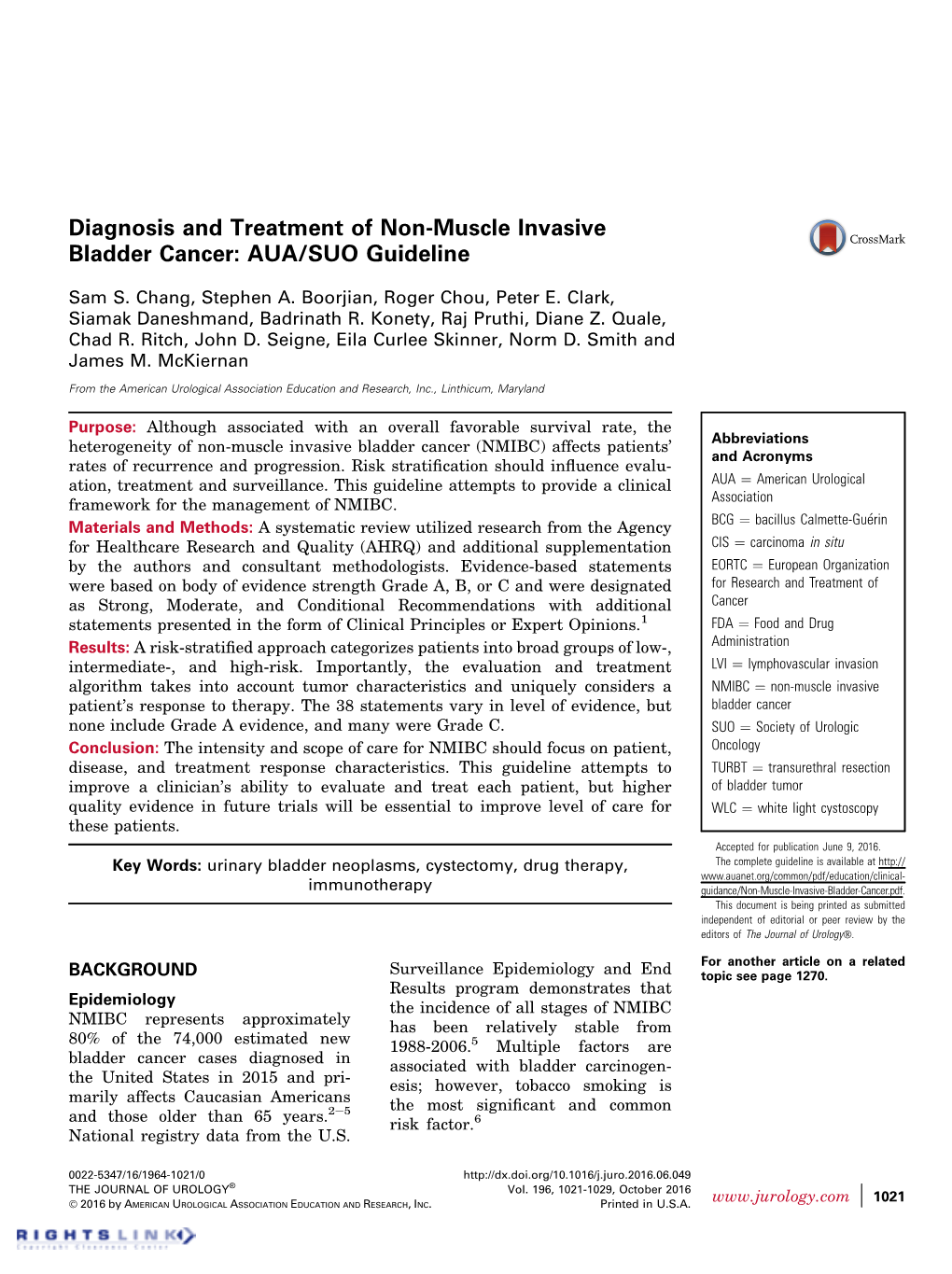 Diagnosis and Treatment of Non-Muscle Invasive Bladder Cancer: AUA/SUO Guideline