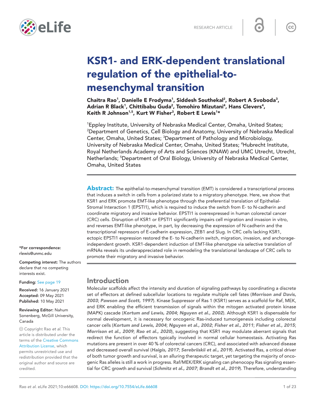 Dependent Translational Regulation of the Epithelial