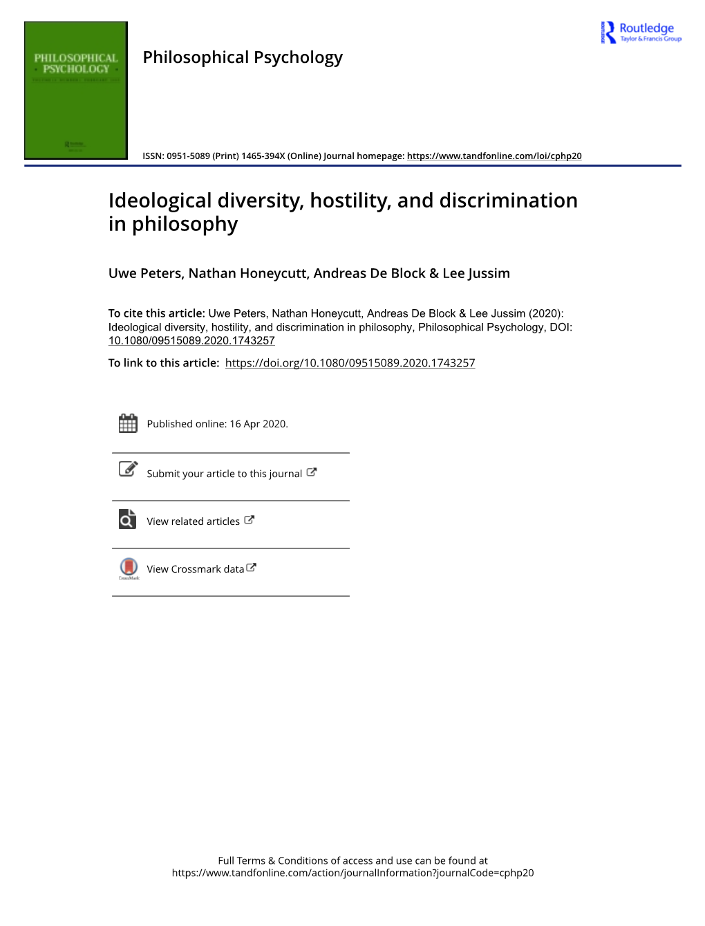 Ideological Diversity, Hostility, and Discrimination in Philosophy