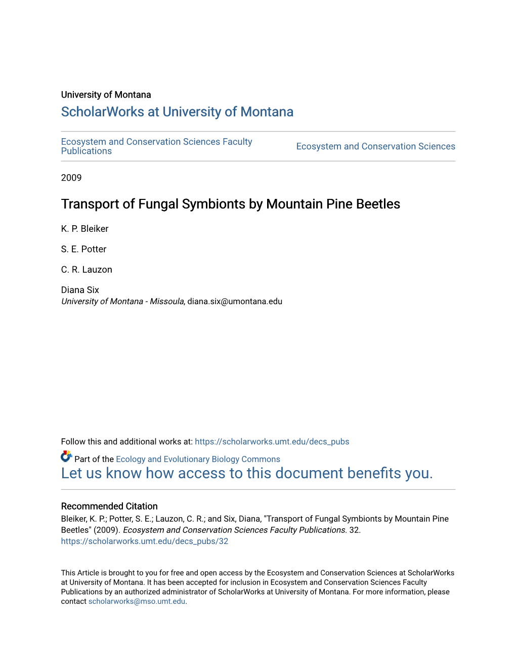 Transport of Fungal Symbionts by Mountain Pine Beetles