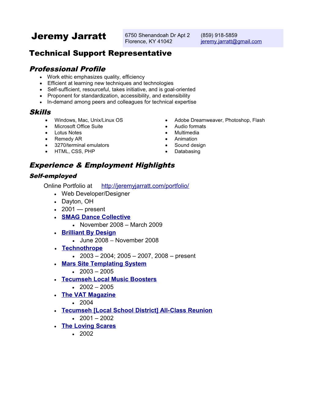 Jeremy Jarratt's Tech Support Resume