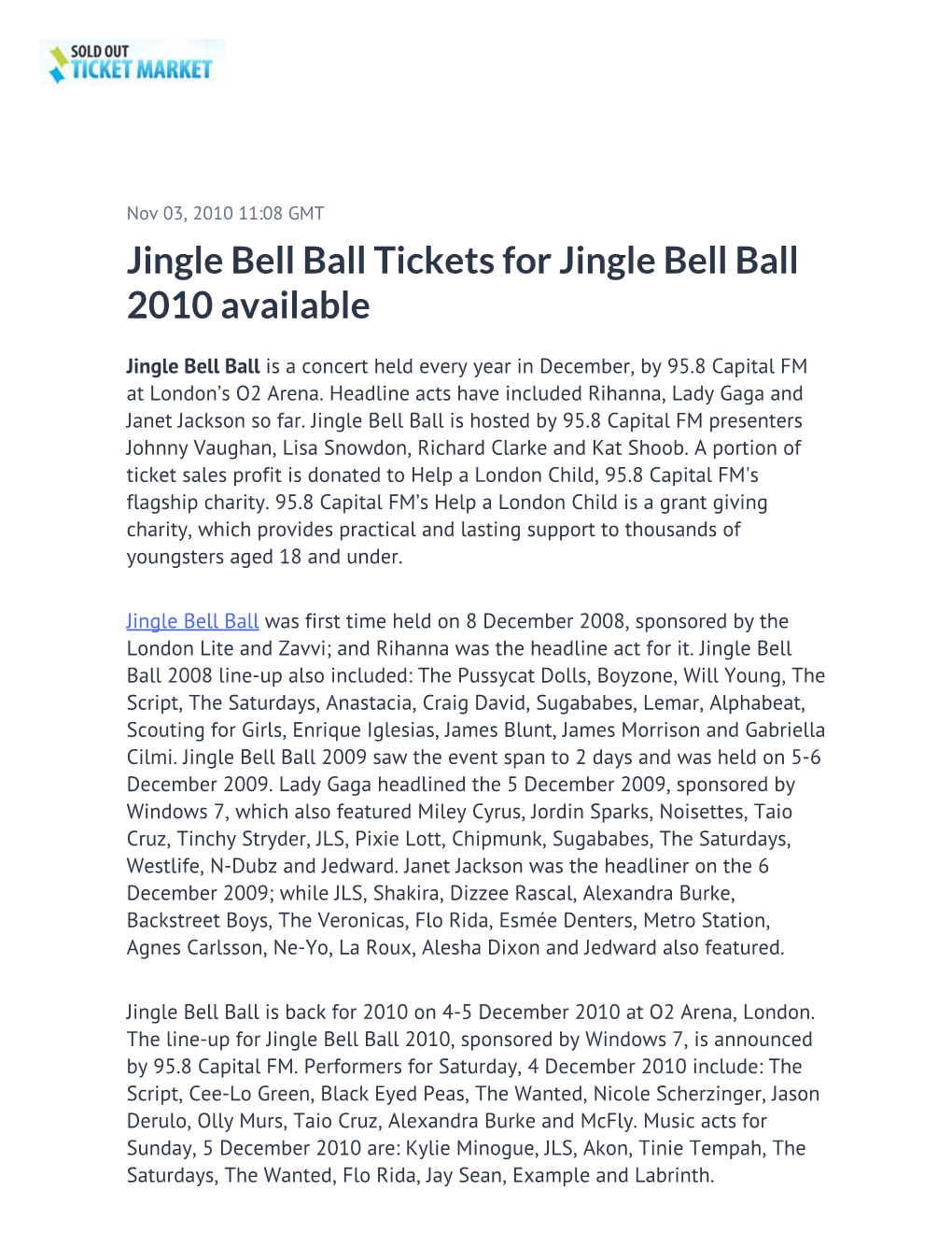 Jingle Bell Ball Tickets for Jingle Bell Ball 2010 Available