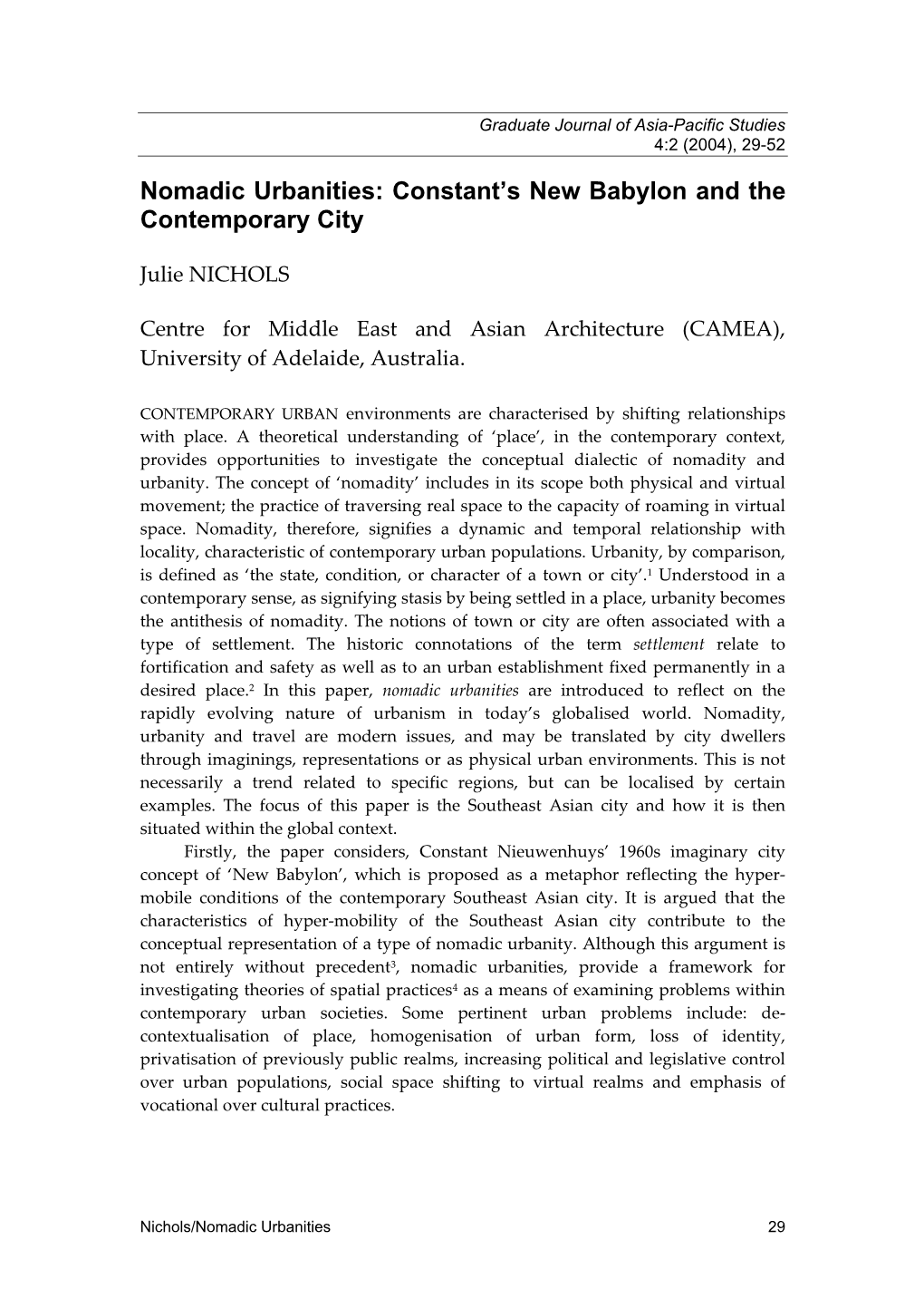 Nomadic Urbanities: Constant’S New Babylon and the Contemporary City