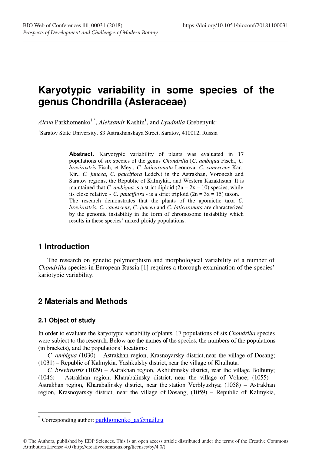 Karyotypic Variability in Some Species of the Genus Chondrilla (Asteraceae)