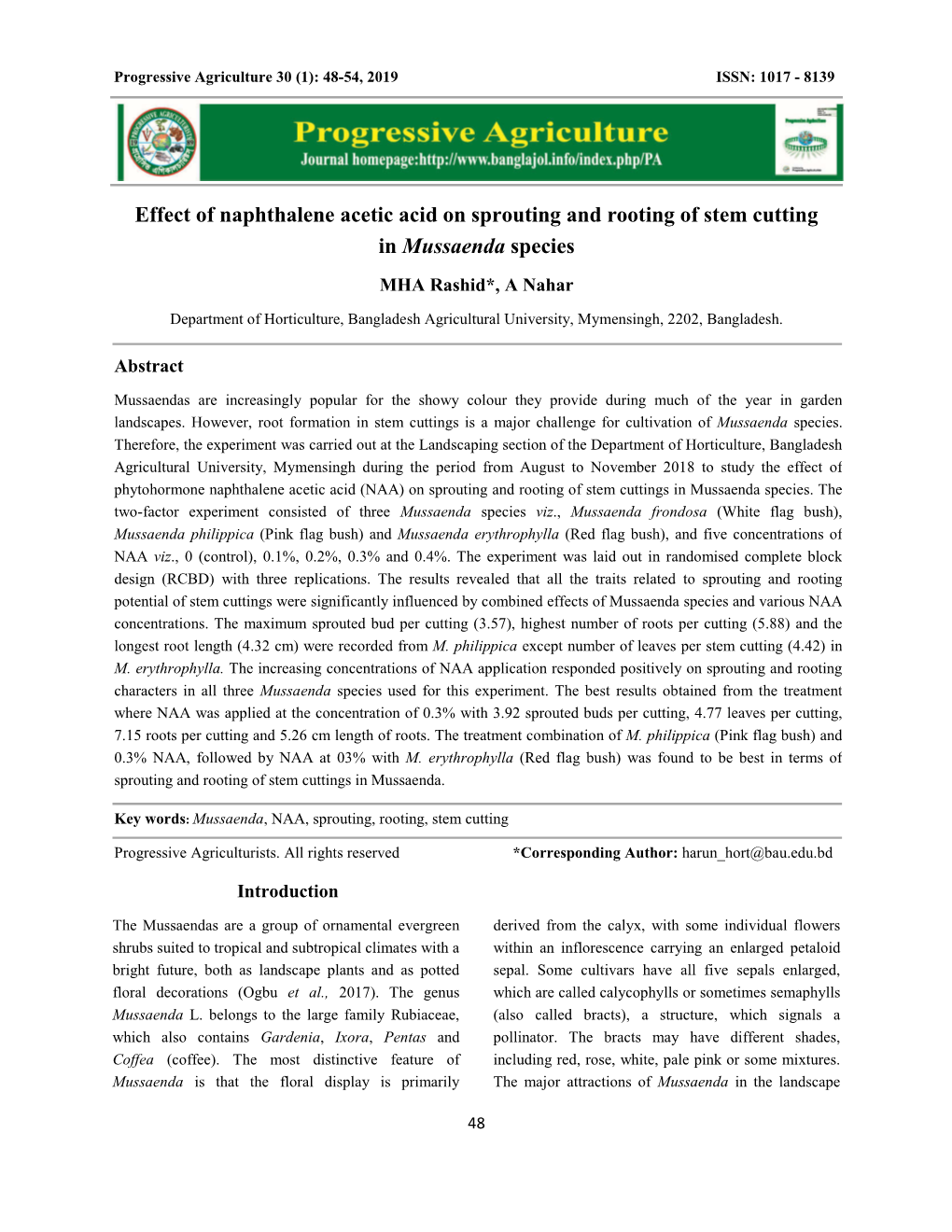 Effect of Naphthalene Acetic Acid on Sprouting and Rooting of Stem Cutting in Mussaenda Species