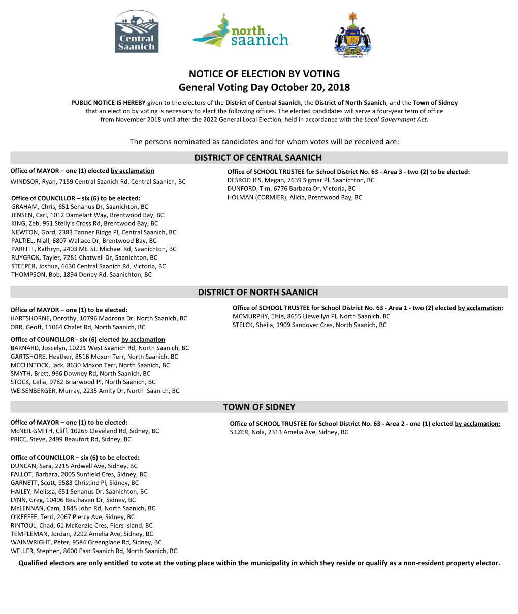 NOTICE of ELECTION by VOTING General Voting Day October 20, 2018