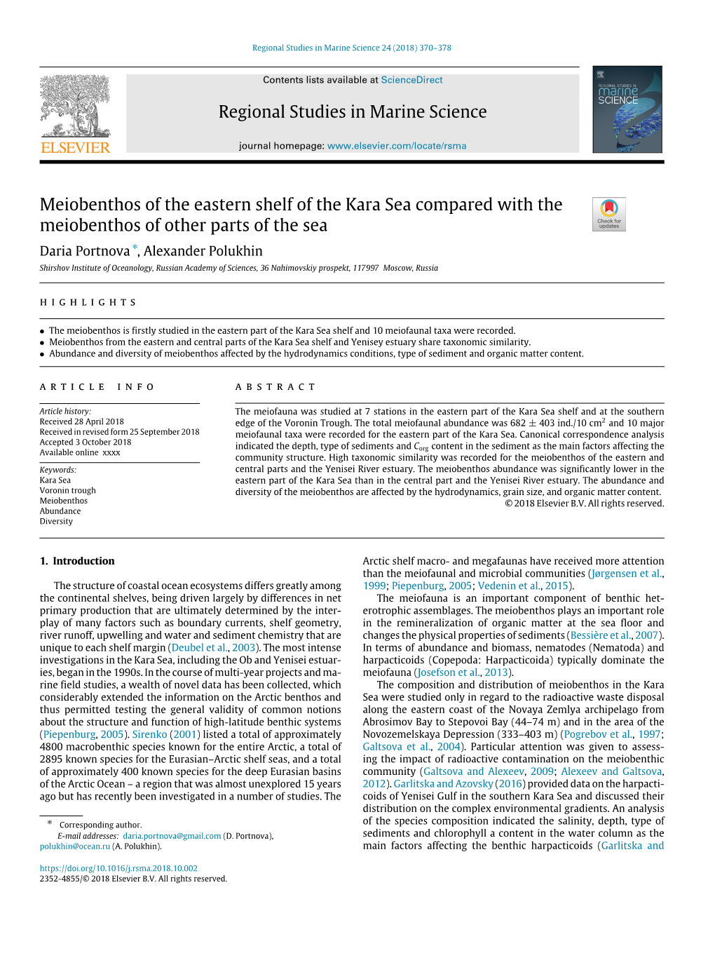 Regional Studies in Marine Science Meiobenthos of the Eastern Shelf of the Kara Sea Compared with the Meiobenthos of Other Parts