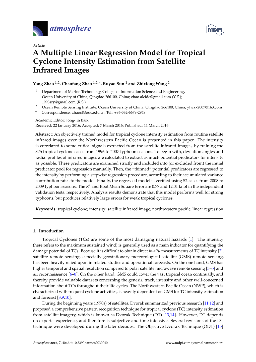 A Multiple Linear Regression Model for Tropical Cyclone Intensity Estimation from Satellite Infrared Images