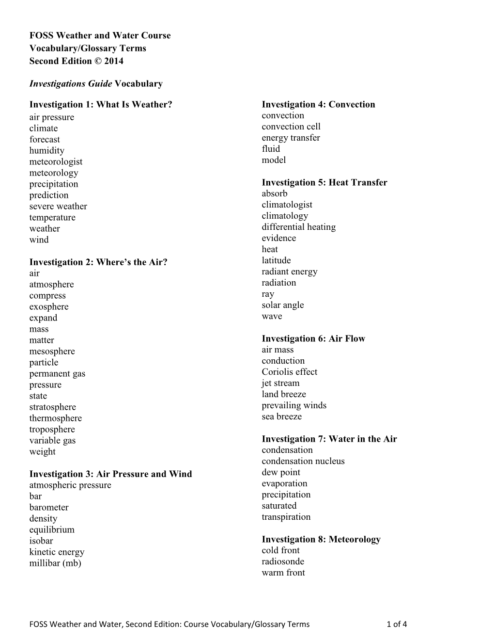 FOSS Weather and Water Course Vocabulary/Glossary Terms Second Edition © 2014 Investigations Guide Vocabulary Investigation 1