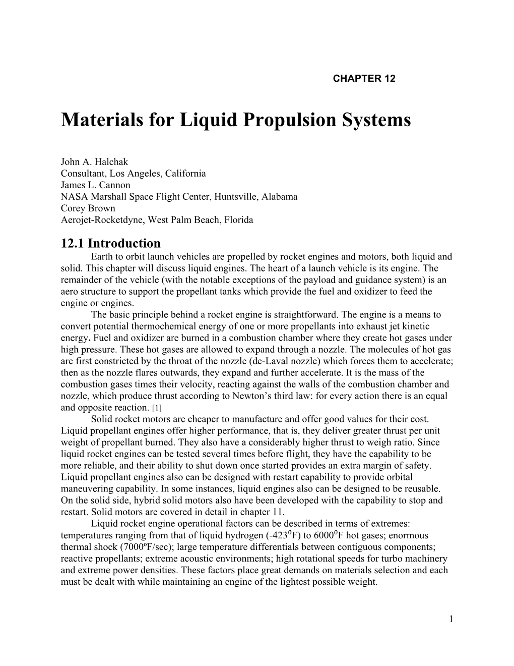 Materials for Liquid Propulsion Systems