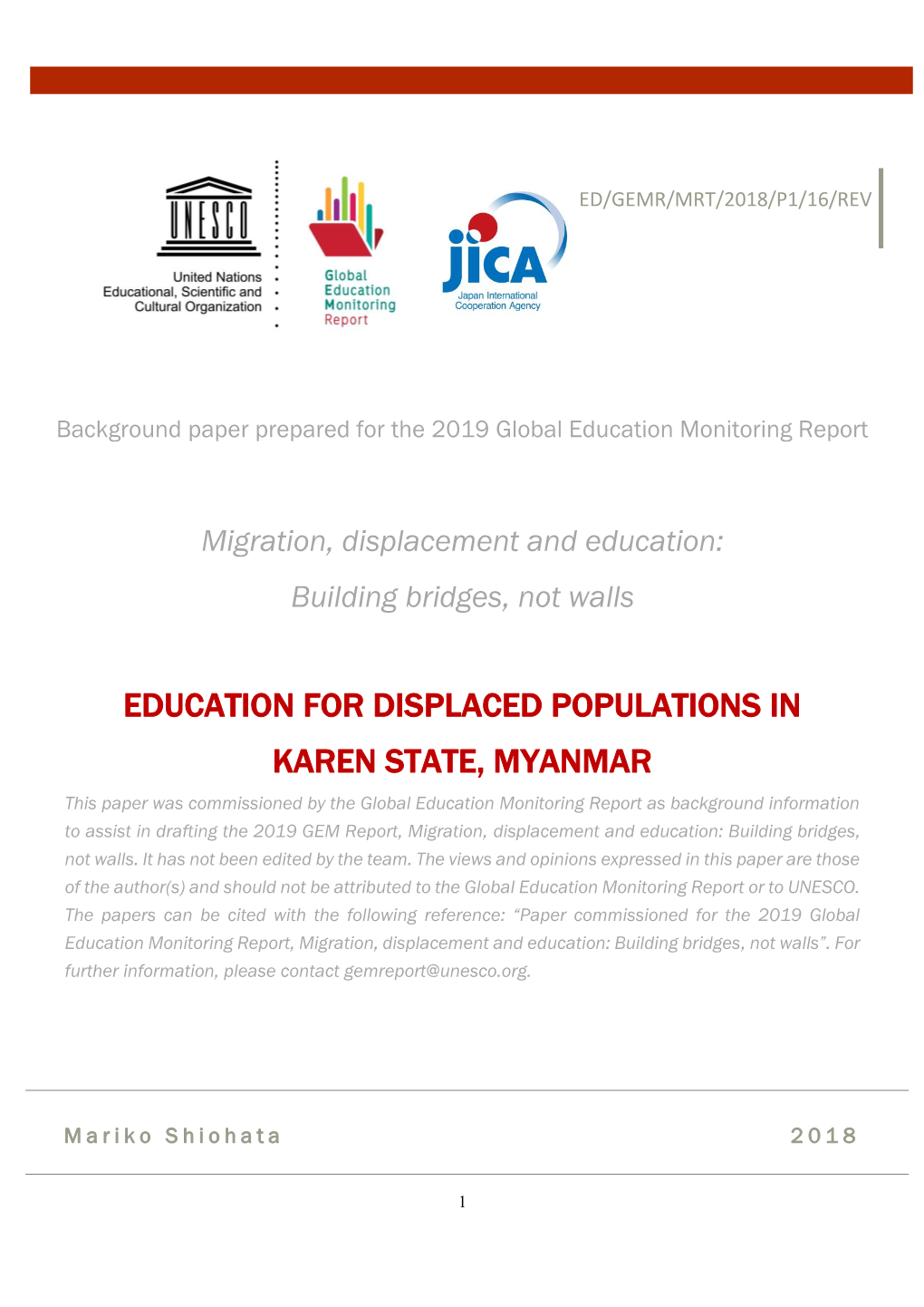 Education for Displaced Populations in Karen State, Myanmar