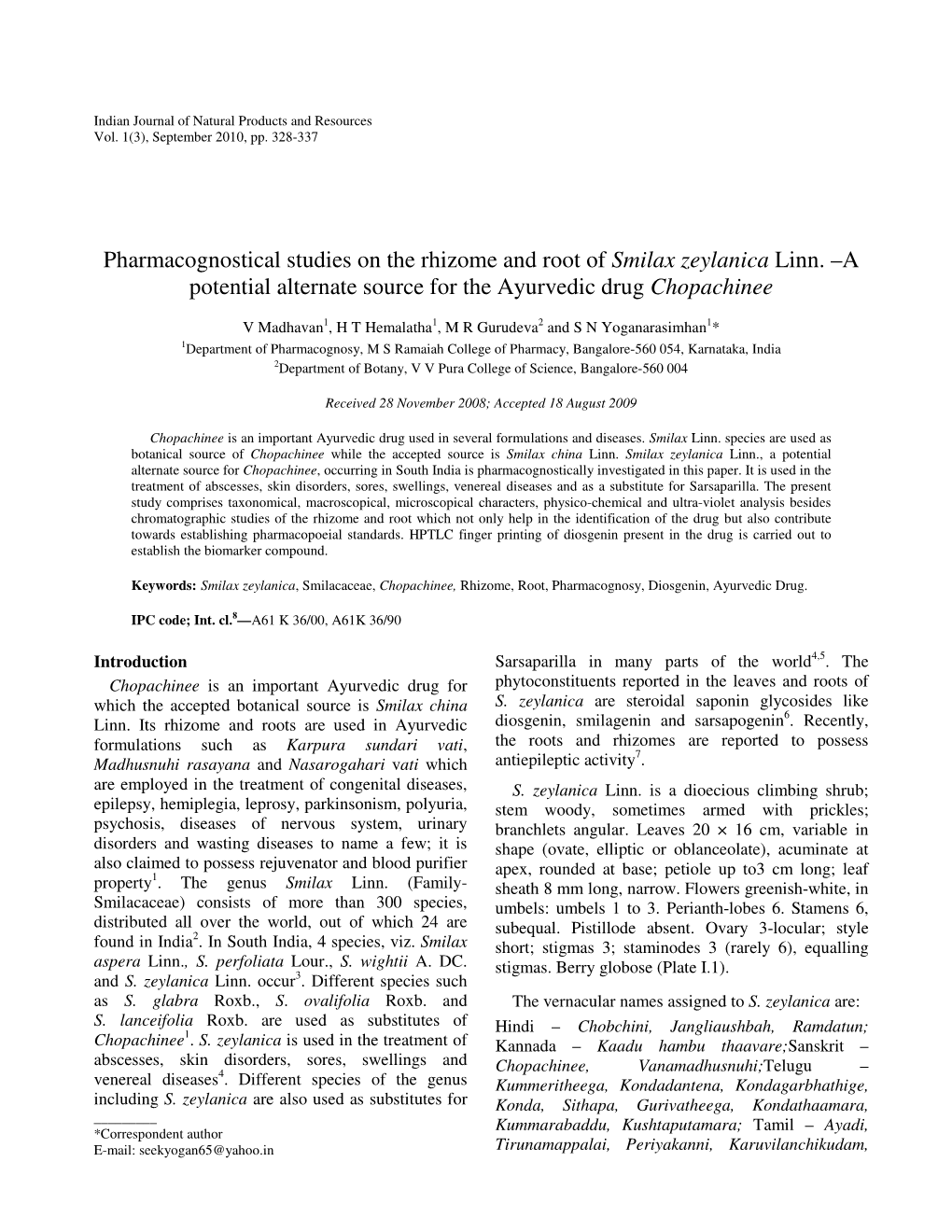 Pharmacognostical Studies on the Rhizome and Root of Smilax Zeylanica Linn
