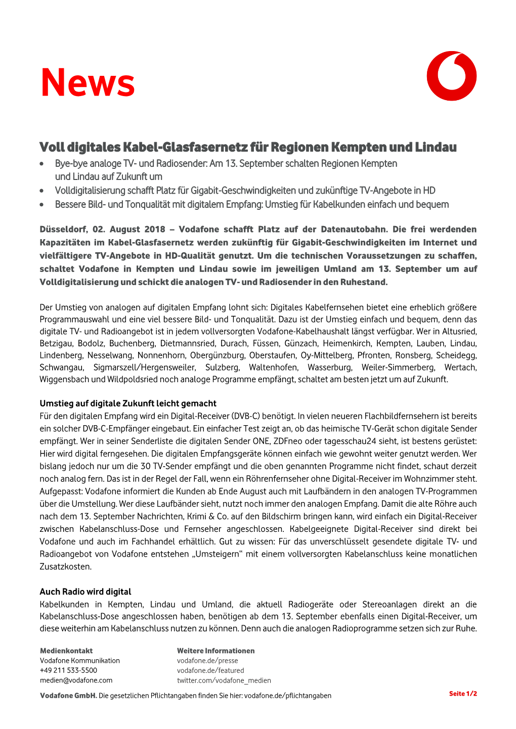 Voll Digitales Kabel-Glasfasernetz Für Regionen Kempten Und Lindau  Bye-Bye Analoge TV- Und Radiosender: Am 13