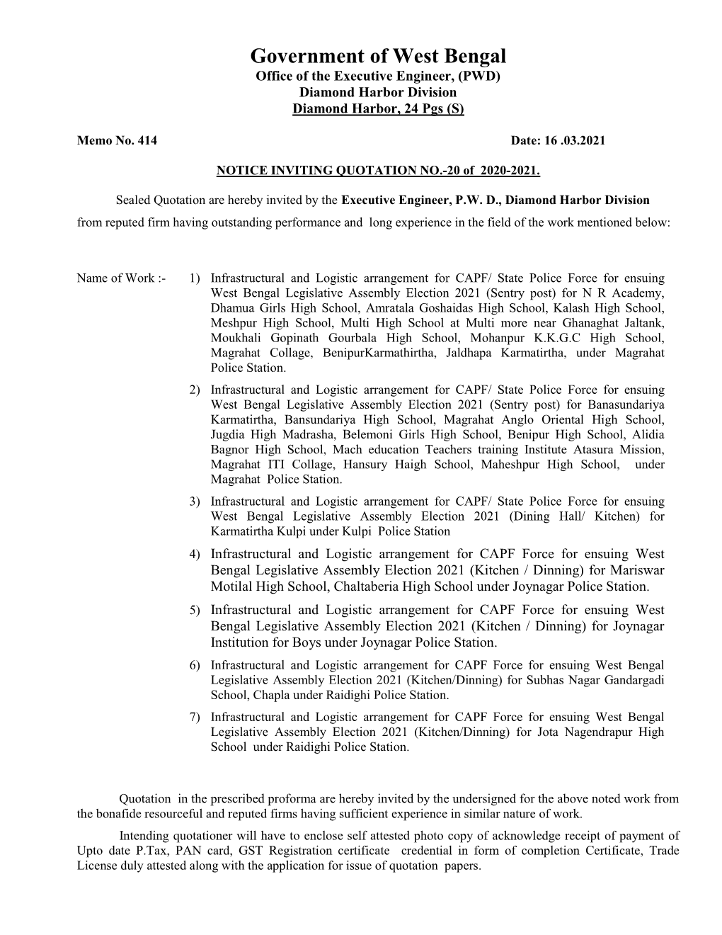 Government of West Bengal Office of the Executive Engineer, (PWD) Diamond Harbor Division Diamond Harbor, 24 Pgs (S)