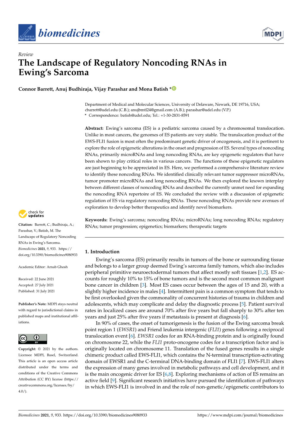 The Landscape of Regulatory Noncoding Rnas in Ewing's Sarcoma