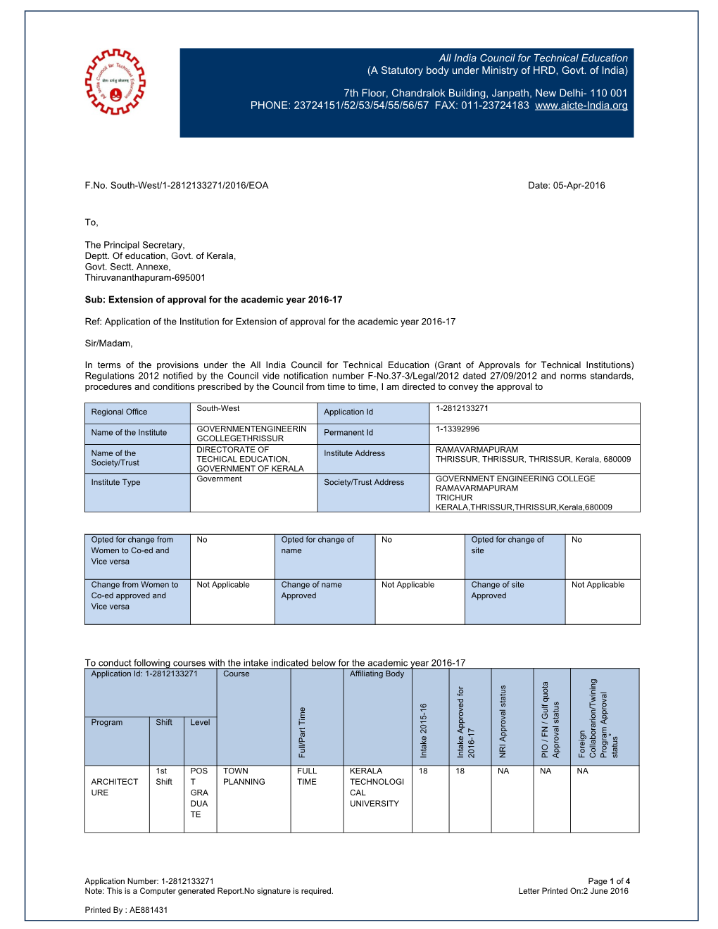 India Council for Technical Education (A Statutory Body Under Ministry of HRD, Govt