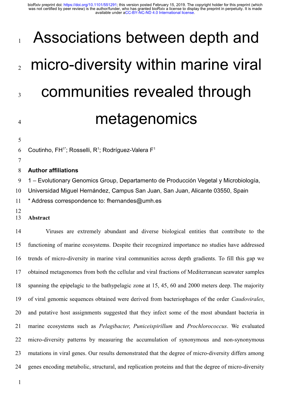 Associations Between Depth and Micro-Diversity Within Marine Viral