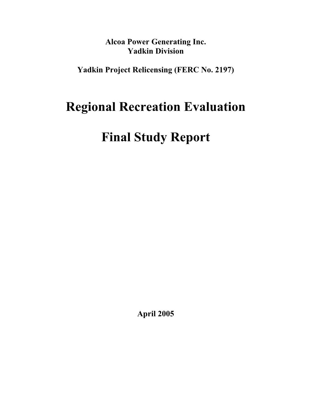 Regional Recreation Evaluation Final Study Report FERC No