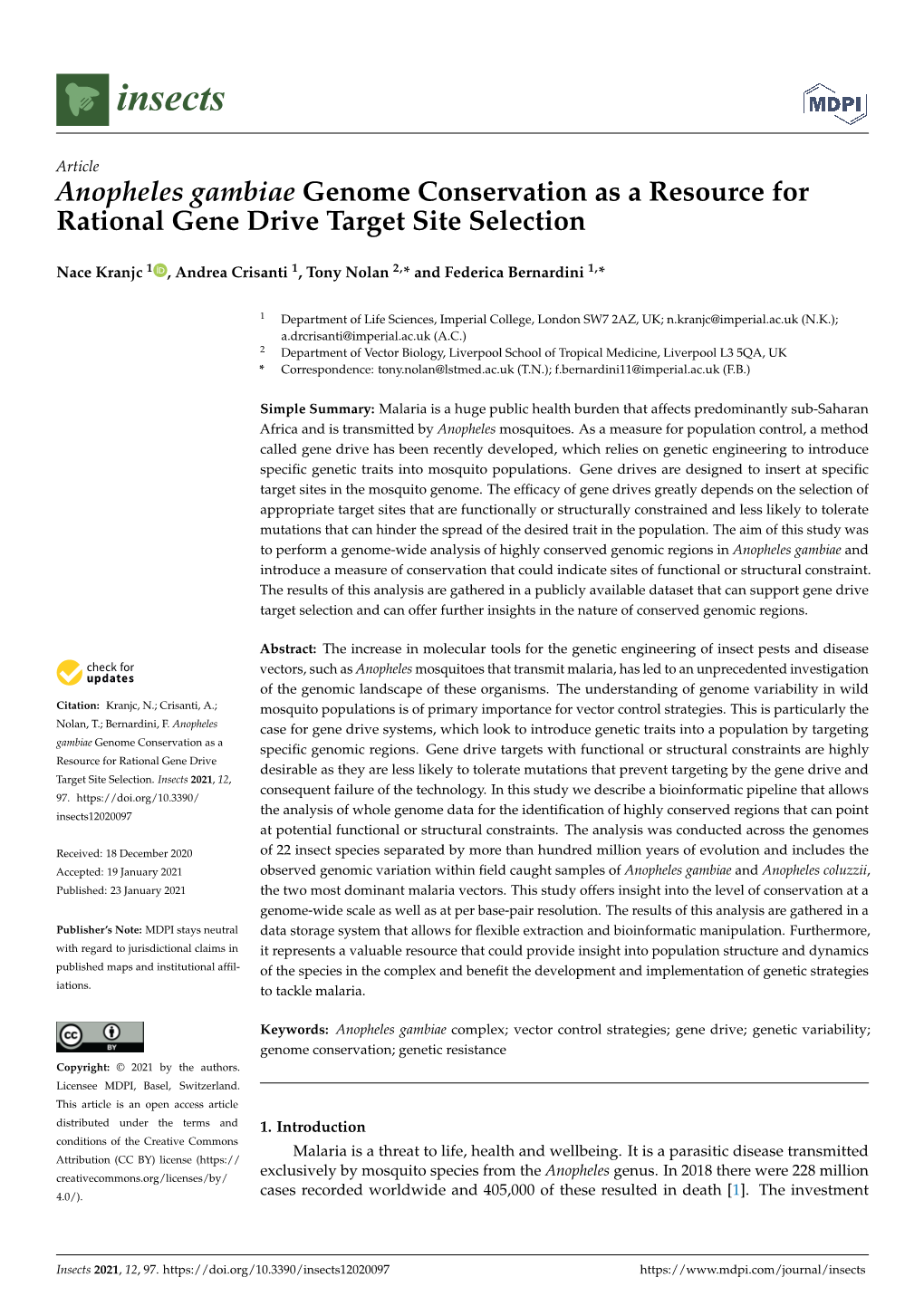 Anopheles Gambiae Genome Conservation As a Resource for Rational Gene Drive Target Site Selection