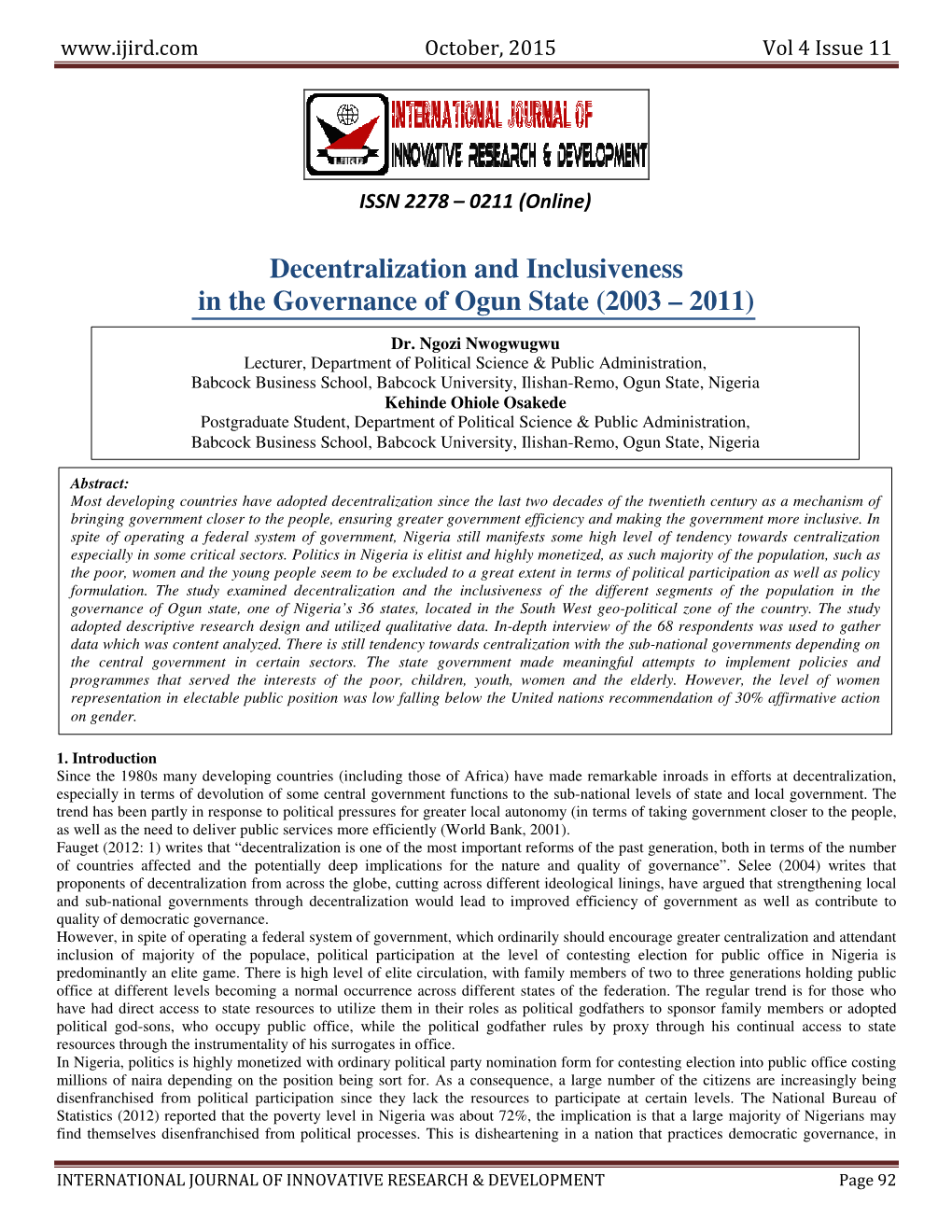 Decentralization and Inclusiveness in the Governance of Ogun State (2003 – 2011)