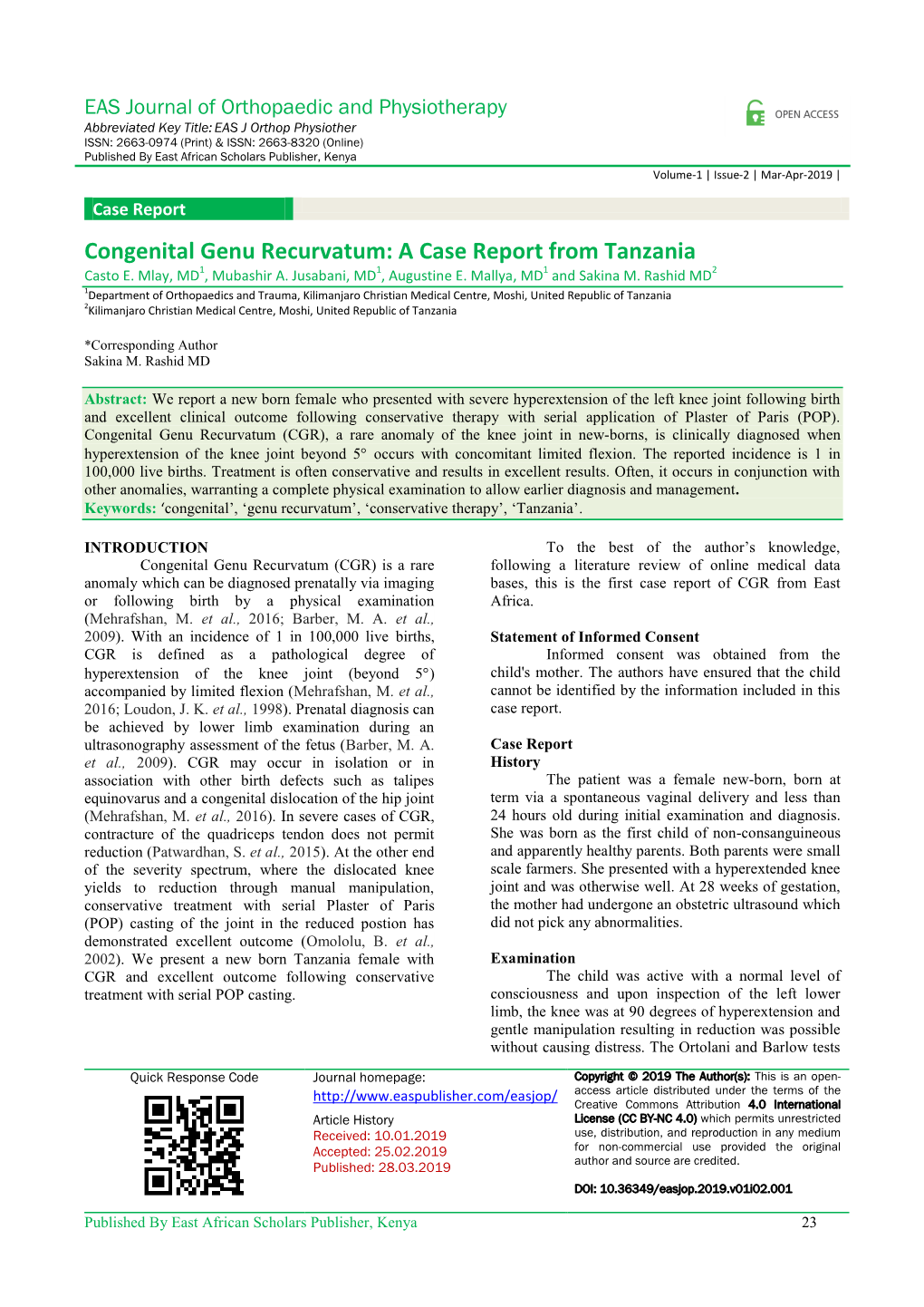 Congenital Genu Recurvatum: a Case Report from Tanzania Casto E