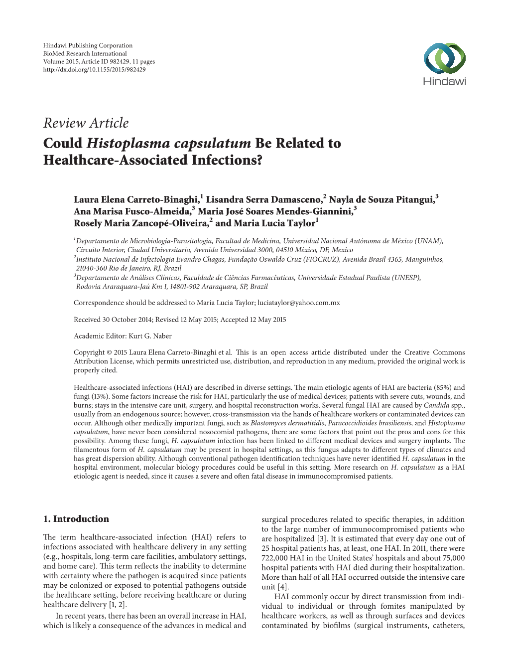 Review Article Could Histoplasma Capsulatum Be Related to Healthcare-Associated Infections?