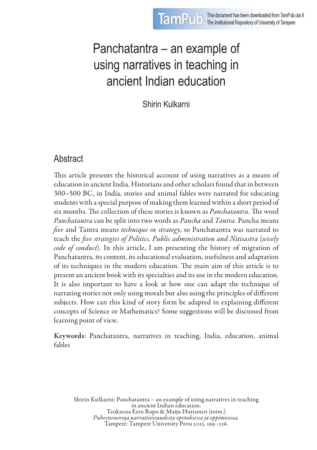 Panchatantra – an Example of Using Narratives in Teaching in Ancient Indian Education