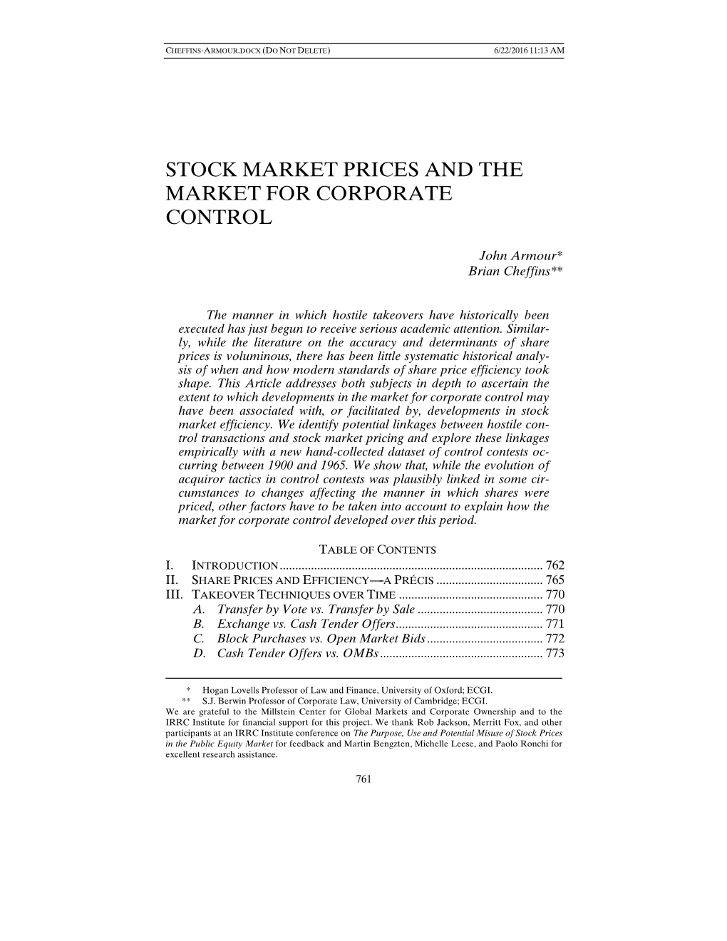 Stock Market Prices and the Market for Corporate Control