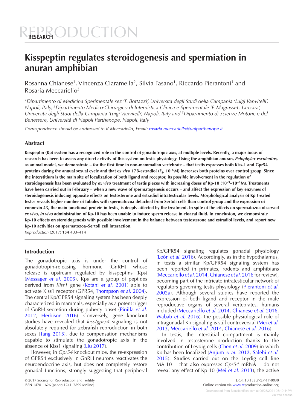 Kisspeptin Regulates Steroidogenesis and Spermiation in Anuran Amphibian