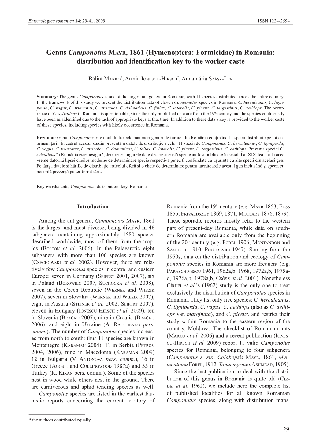 Genus Camponotus Mayr, 1861 (Hymenoptera: Formicidae) in Romania: Distribution and Identification Key to the Worker Caste