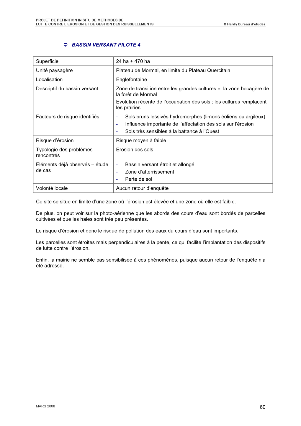 60 9 BASSIN VERSANT PILOTE 4 Superficie 24 Ha + 470 Ha Unité