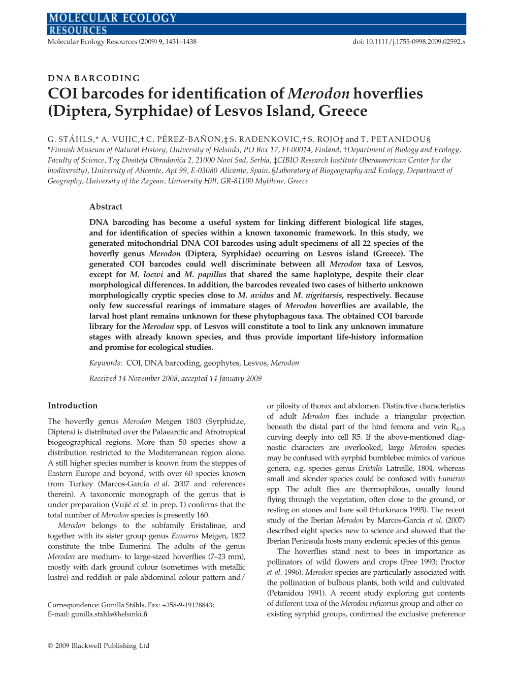 COI Barcodes for Identification of Merodon Hoverflies