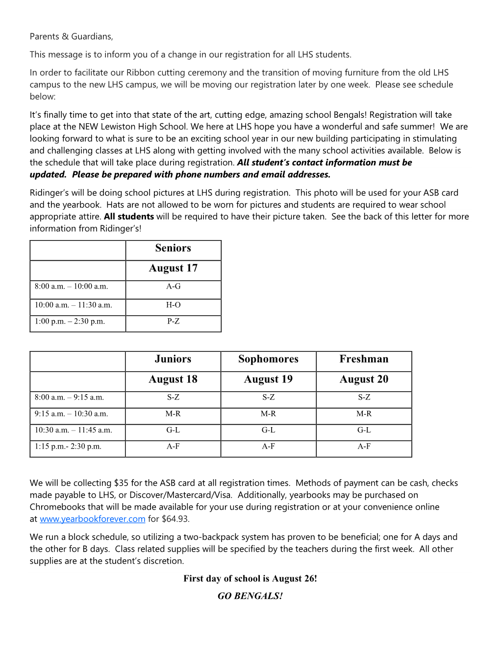 Seniors August 17 Juniors Sophomores Freshman August 18