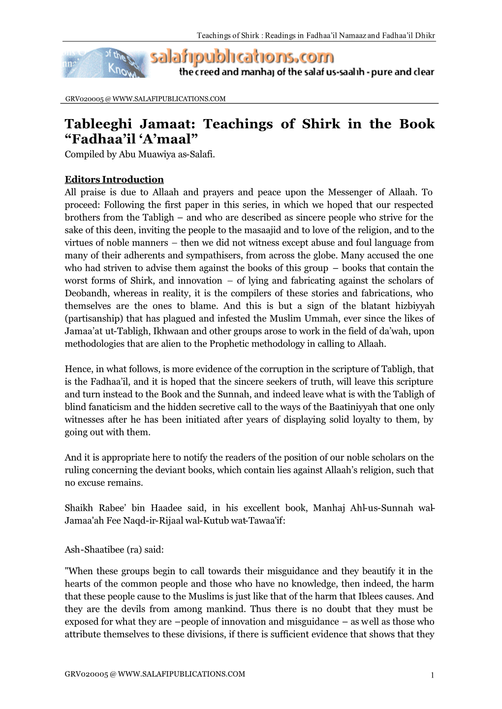 Tableeghi Jamaat: Teachings of Shirk in the Book “Fadhaa'il 'A'maal”