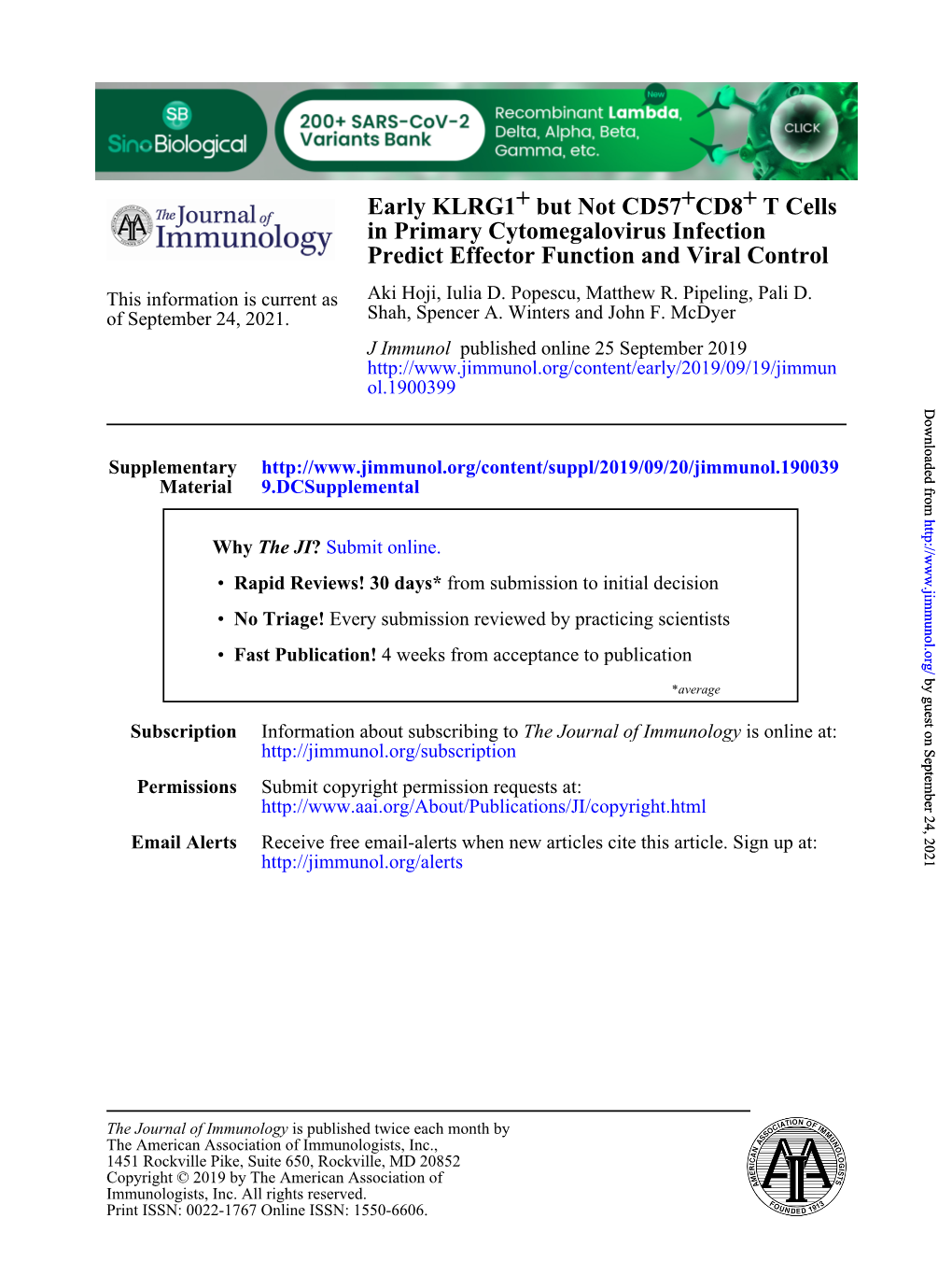 Early KLRG1+ but Not CD57+CD8+ T Cells in Primary Cytomegalovirus Infection Predict Effector Function and Viral Control