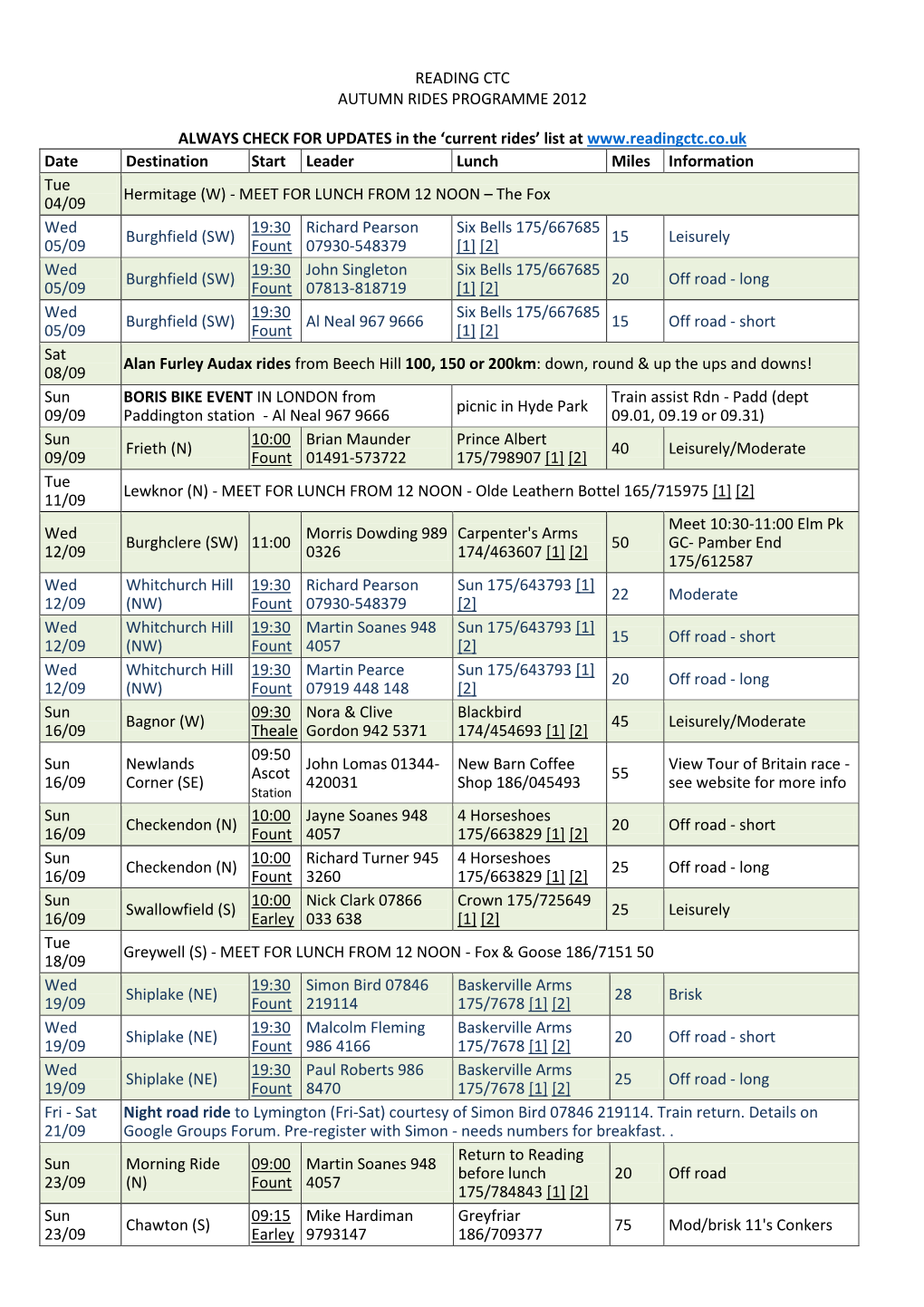 READING CTC AUTUMN RIDES PROGRAMME 2012 ALWAYS CHECK for UPDATES in the 'Current Rides'